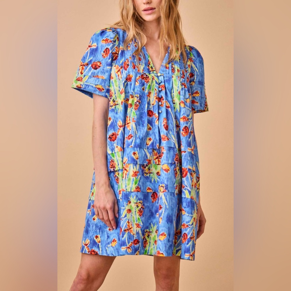 HUNTER BELL Blue Floral Mini Dress with Green and Orange Accents